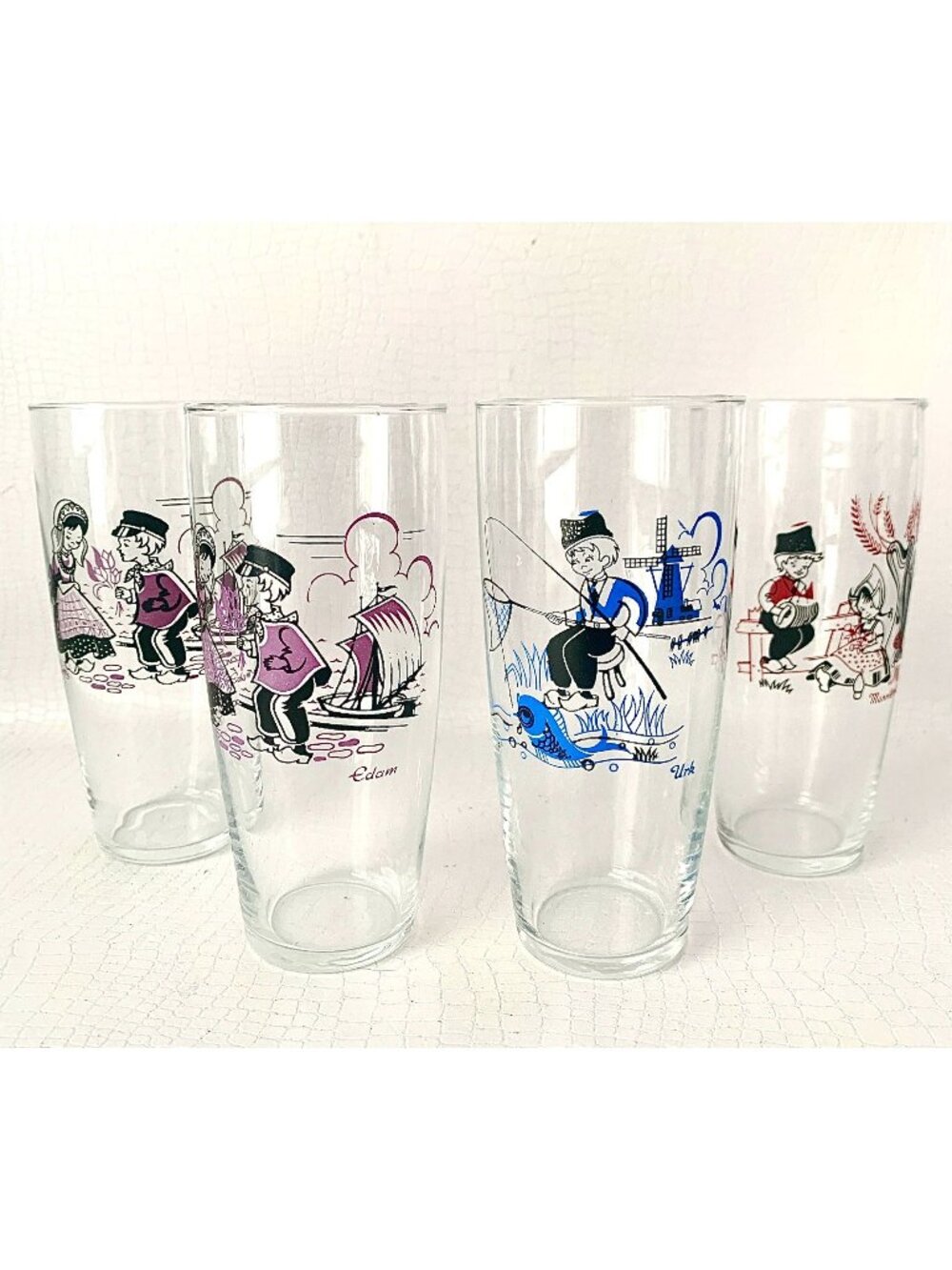 4 Vintage Dutch Souvenir Drinking Glasses Highball Barware